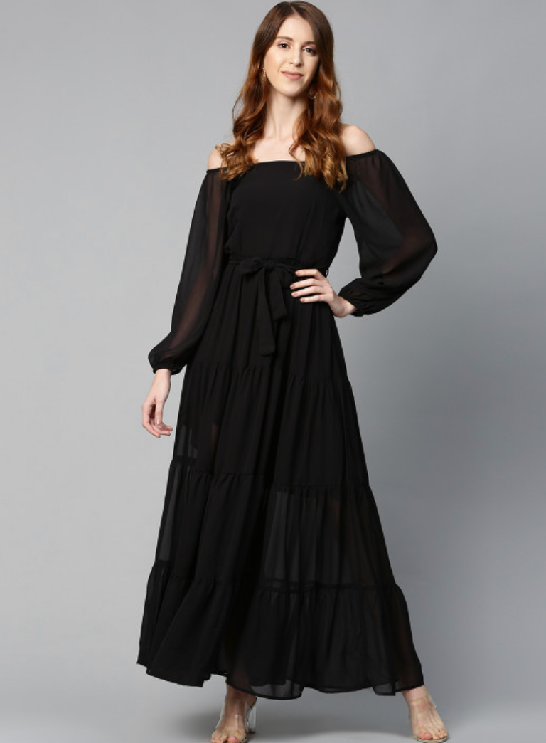 Black Semi Sheer Off-Shoulder Maxi Tiered Dress