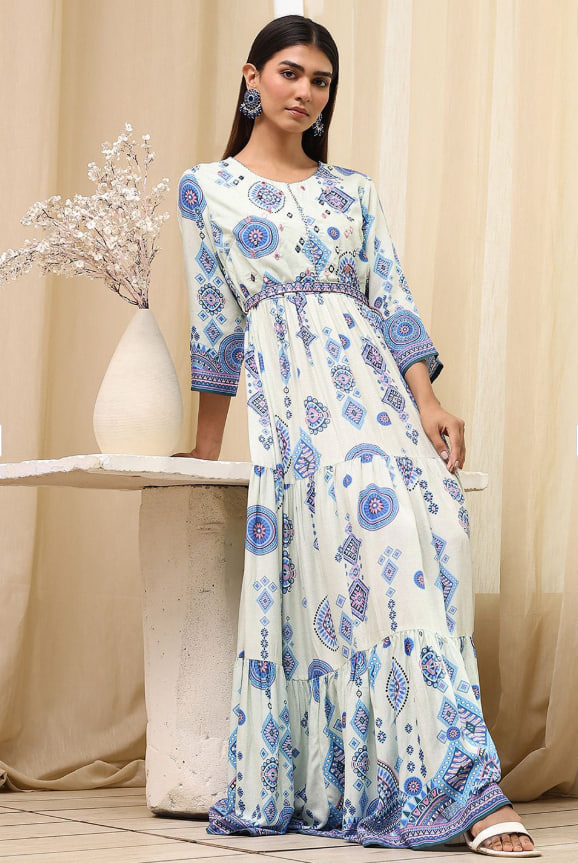 Bohemian Print Belted Tiered Maxi Dress