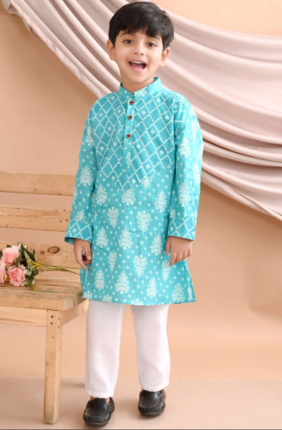 Boys Blue Floral Printed Pure Cotton Straight Kurta With Pyjama