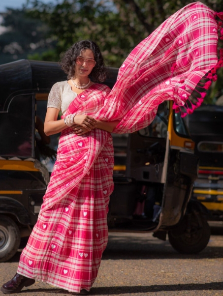 Checked Pure Cotton Block Print Saree