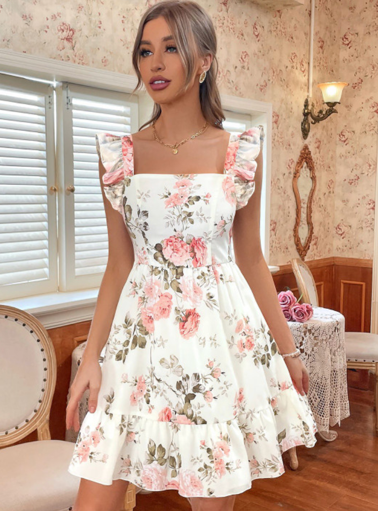 Floral Print Flutter Sleeve Ruffled Georgette Fit & Flare Dress