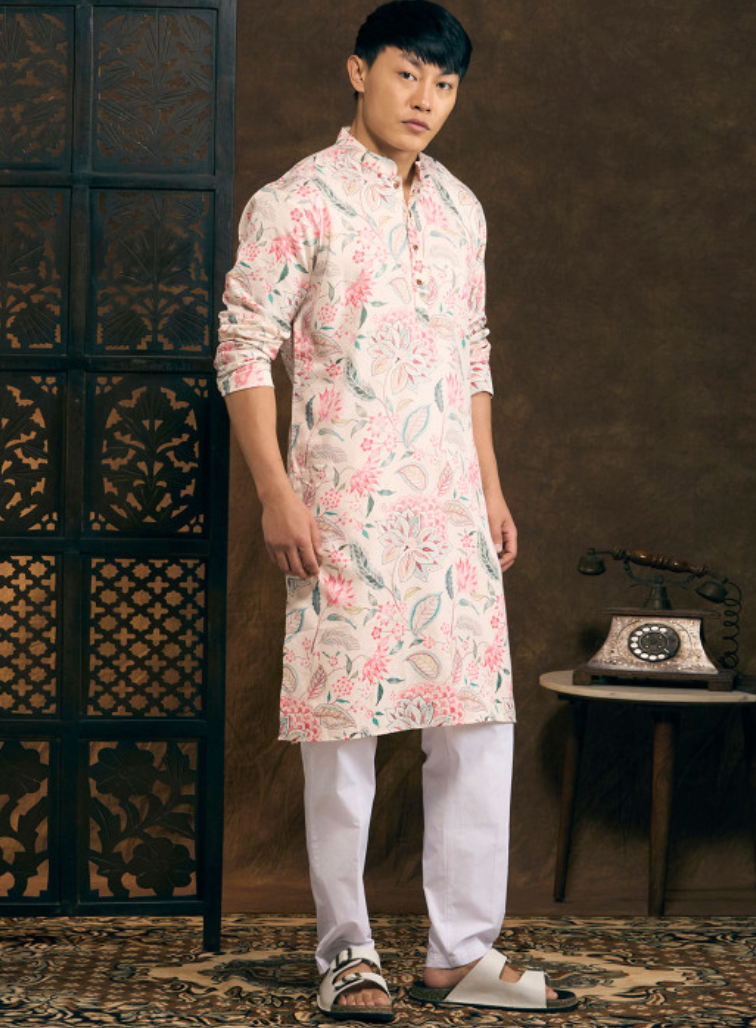 Floral Printed Mandarin Collar Pure Cotton Straight Kurta