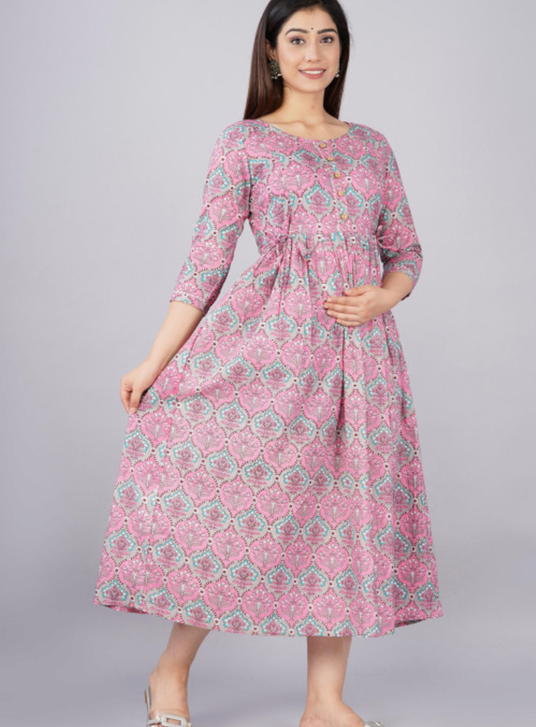 Floral Printed Round Neck Cotton Fit and Flare Maternity Midi Dress