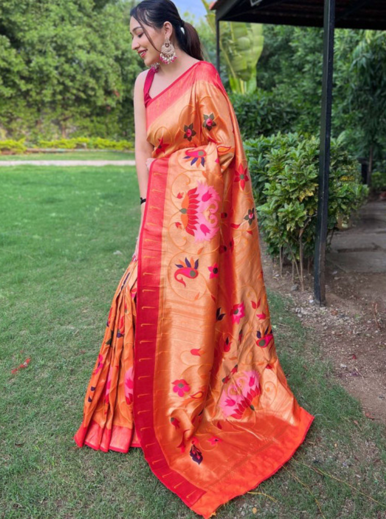 Floral Zari Silk Blend Designer Paithani Saree