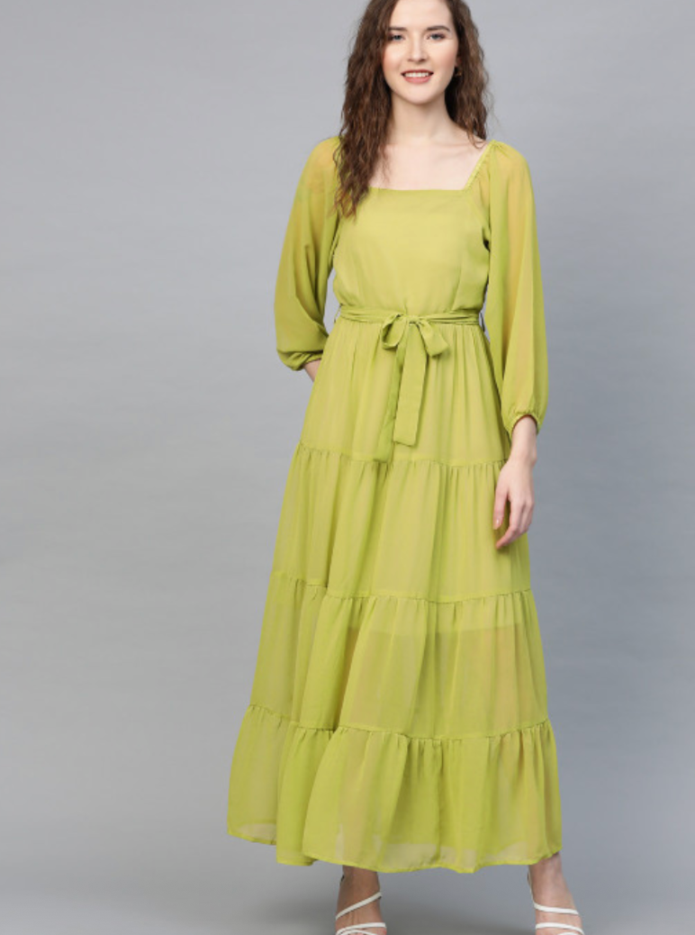 Green Tiered Pleated Maxi Dress