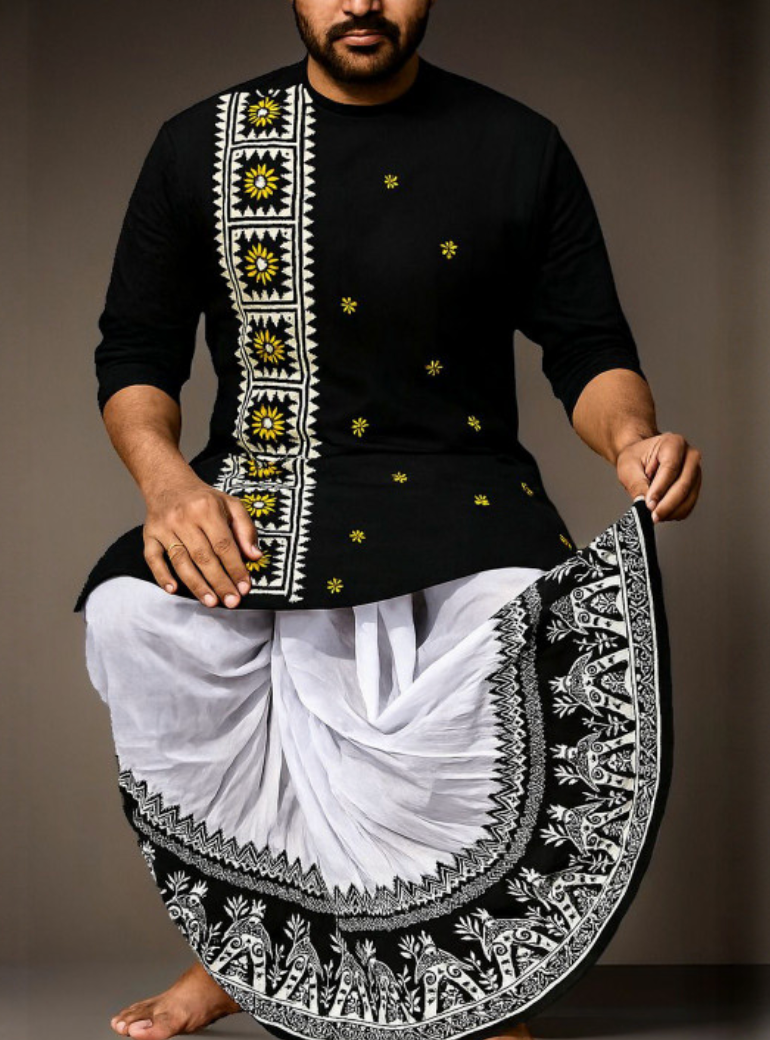 Men Printed Dupion Silk Mour Puccho Dhoti