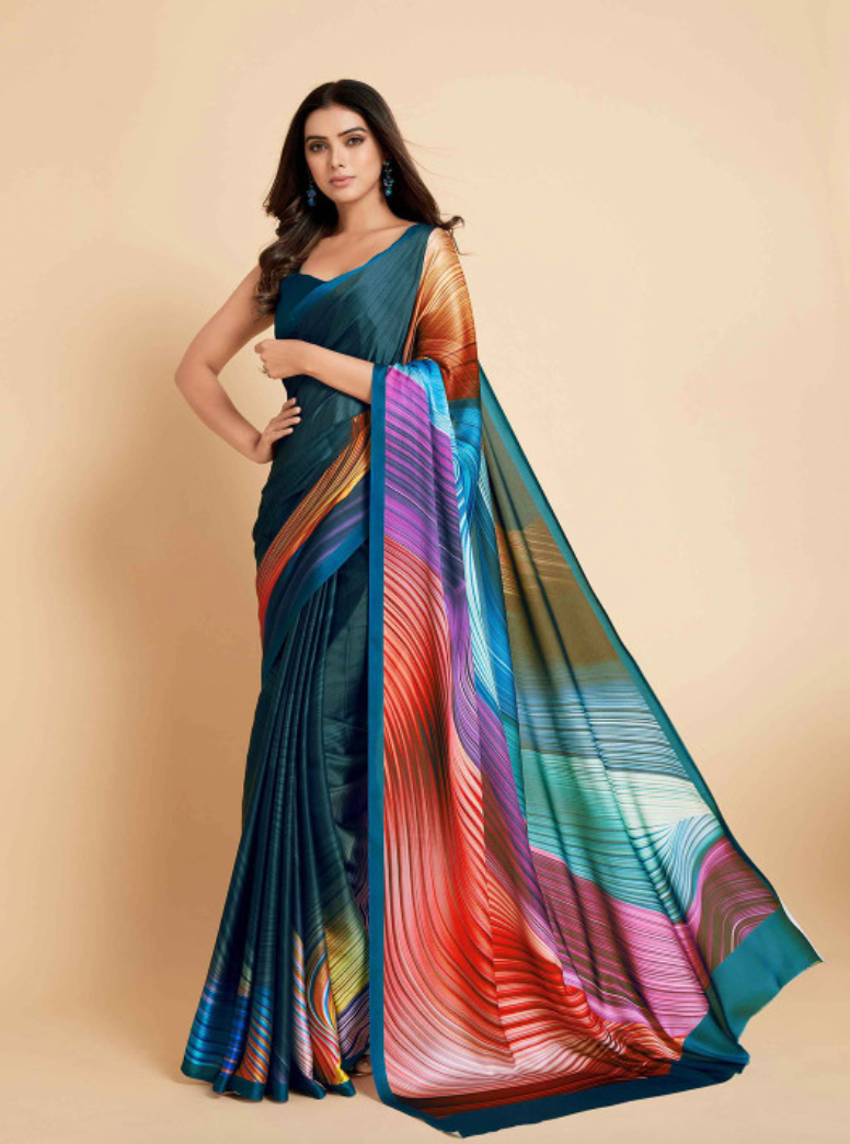 Navy Blue & Violet Satin Ready to Wear Saree