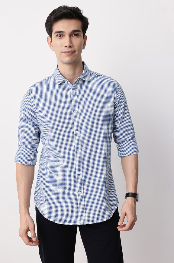 Pure Cotton Checked Seersucker Casual Shirt