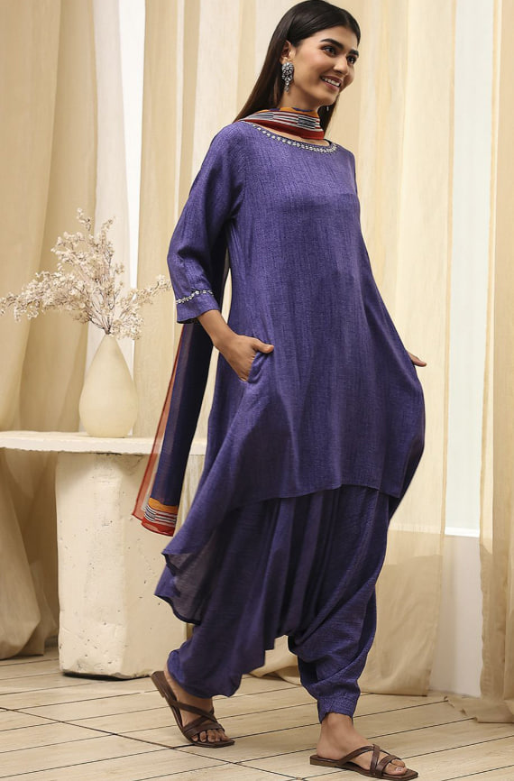 Round Neck A-Line Kurta With Palazzos & Salwar