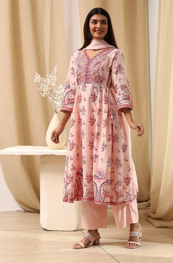 Women Floral Printed Regular Pure Cotton Kurta with Palazzos & With Dupatta